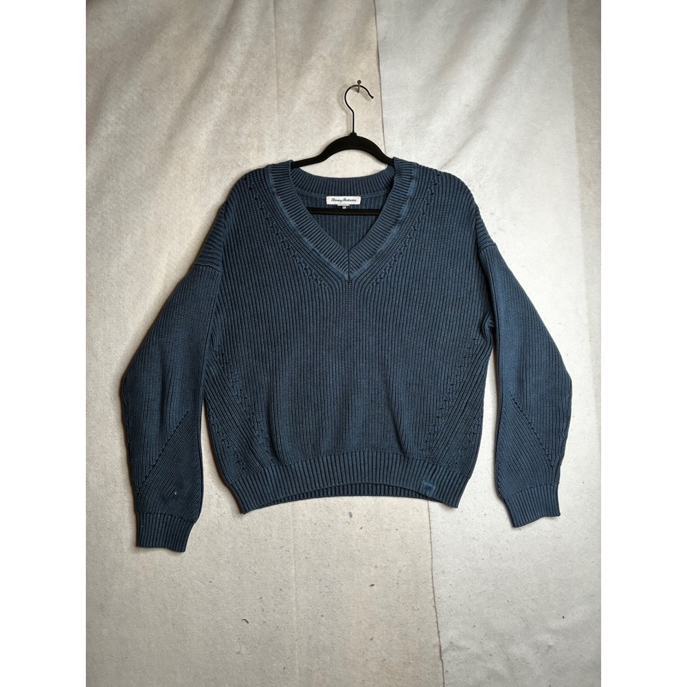 Tommy Bahama Womens Small Teal Blue Cotton Shaker Stitch V-Neck Sweater SW421046